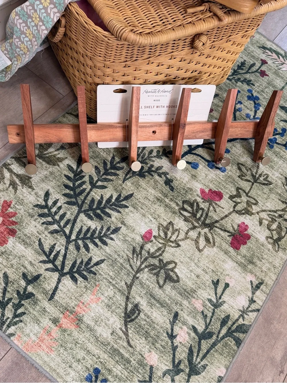 New Hearth & Hand Magnolia 26” Wood & Brass Wall Hook Rail Rack Natural Wood